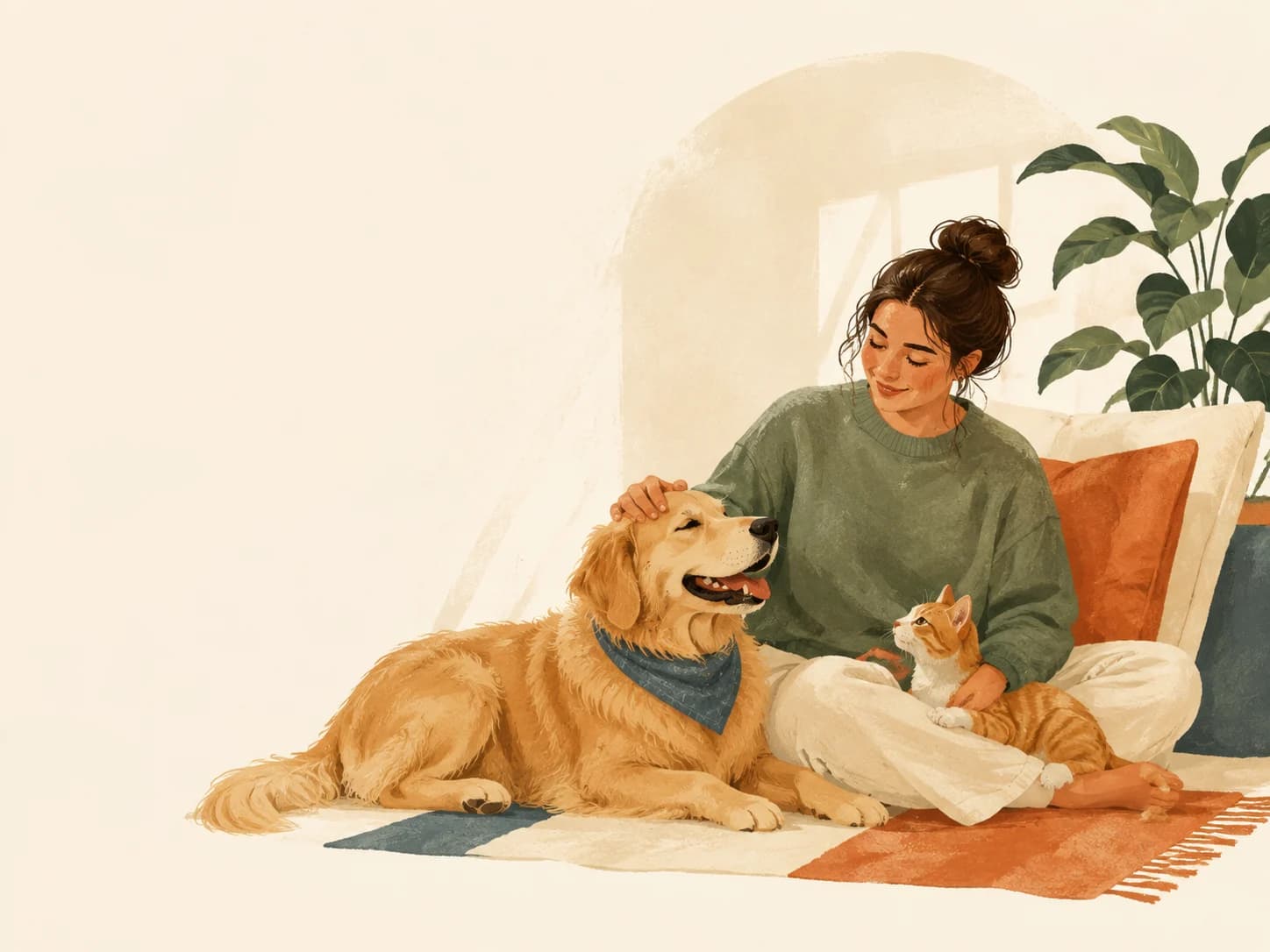 Illustration of a pet sitter spending a quiet moment with a dog and a cat